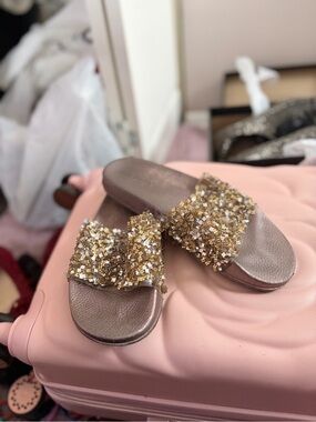 Women's Gold Crystal Slide Sandals